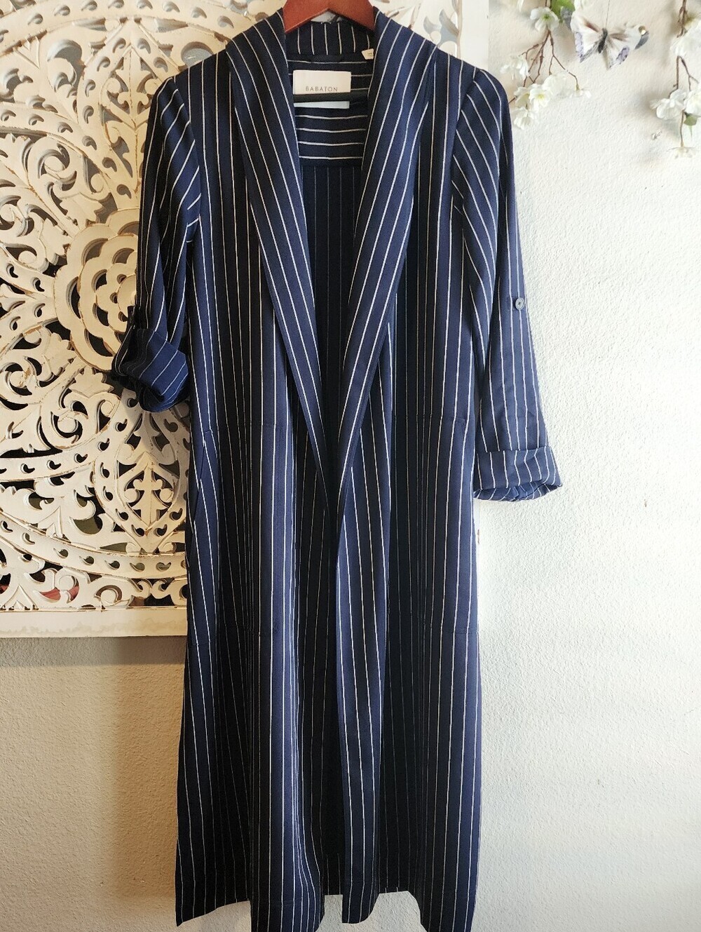 BABATON KAHlO ROBE NAVY WRAP JACKET STRIPES PATCH POCKETS RECYCLED MAYERIAL XXS